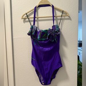 Vintage 70’s Sirena One-Piece Purple Paisley Halter Swimsuit Size Large